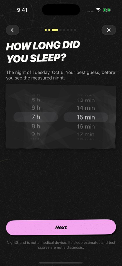 The morning check-in asks how long you slept, with a wheel set to 7 hours 15 minutes.