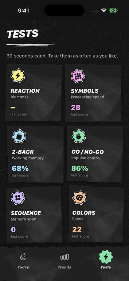 The Tests page: Reaction, Symbols, 2-back, Go / no-go, Sequence and Colors, each with its last score.