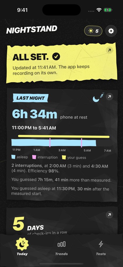 The Today screen: last night lasted 6 hours 34 minutes, from 11:00 PM to 5:41 AM, with two short interruptions.